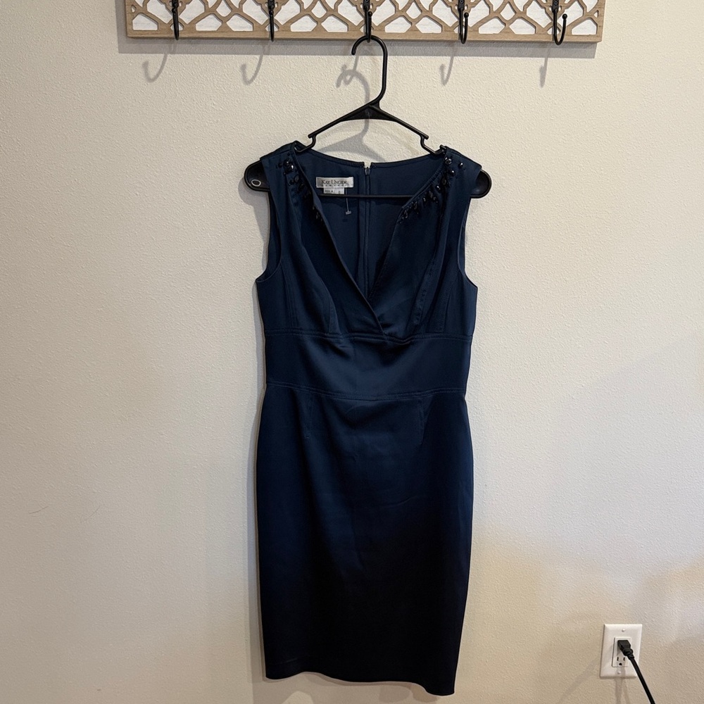 Kay Unger Navy Sleeveless Midi Dress cocktail satin